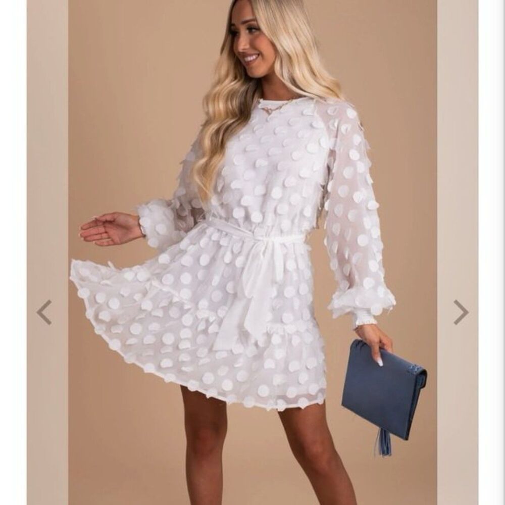 Love Colette White Dots Long Puff Sleeve Dress, size S